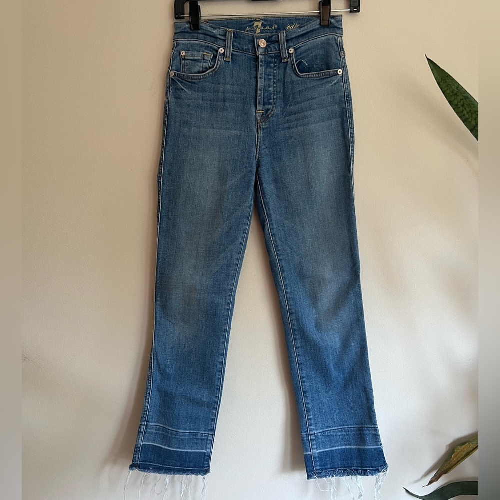 7 For All Mankind High-Rise Straight Jeans in Medium Blue